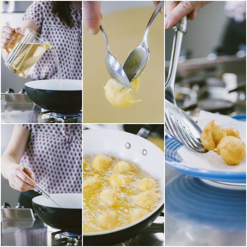 Tortelli al formaggio fritti in olio bollente e scolati su carta assorbente