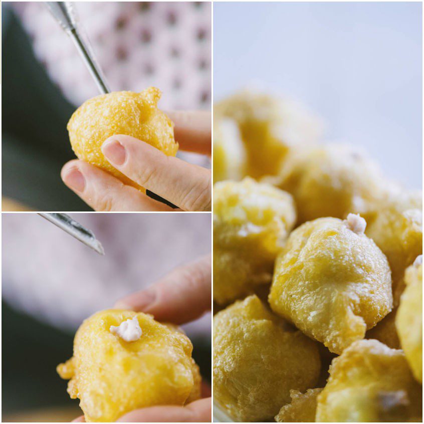 Mano che farcisce un tortello fritto con crema al prosciutto usando uno stecchino
