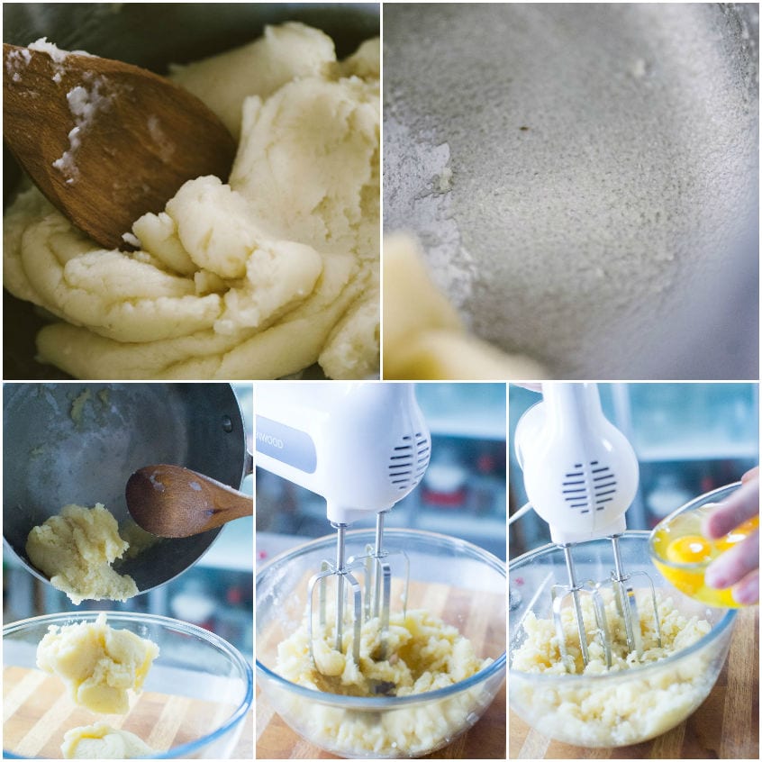 Impasto per bignè lavorato con cucchiaio, poi montato con fruste elettriche mentre si aggiungono le uova