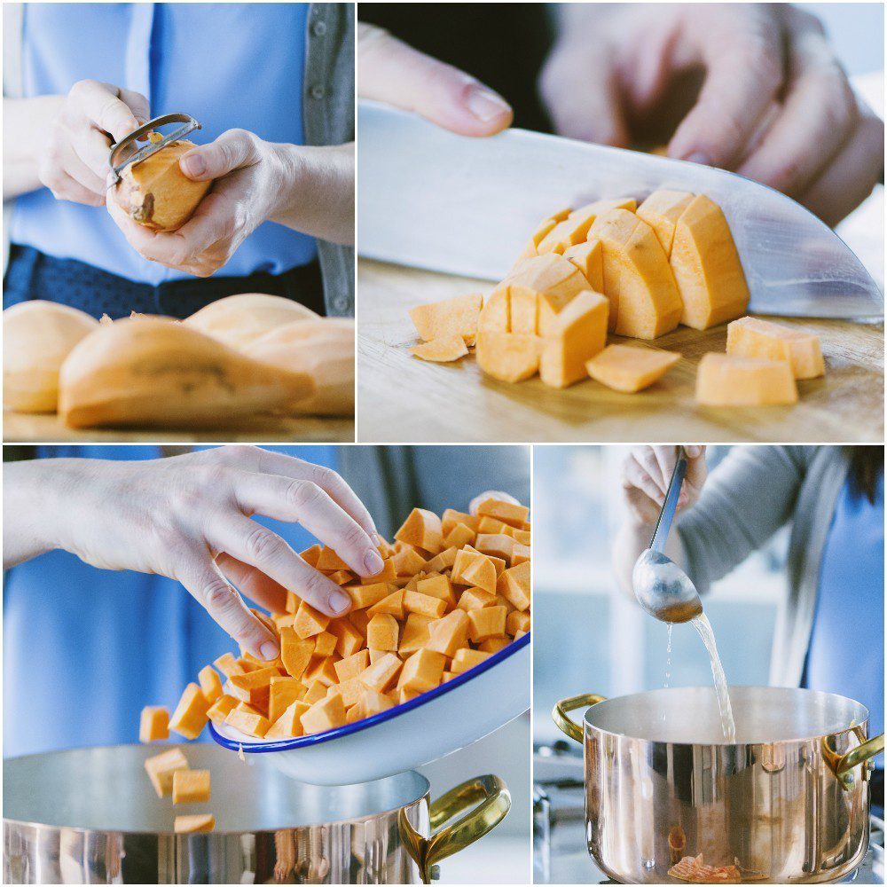 Patate dolci pelate, tagliate a cubetti e versate in pentola con il brodo