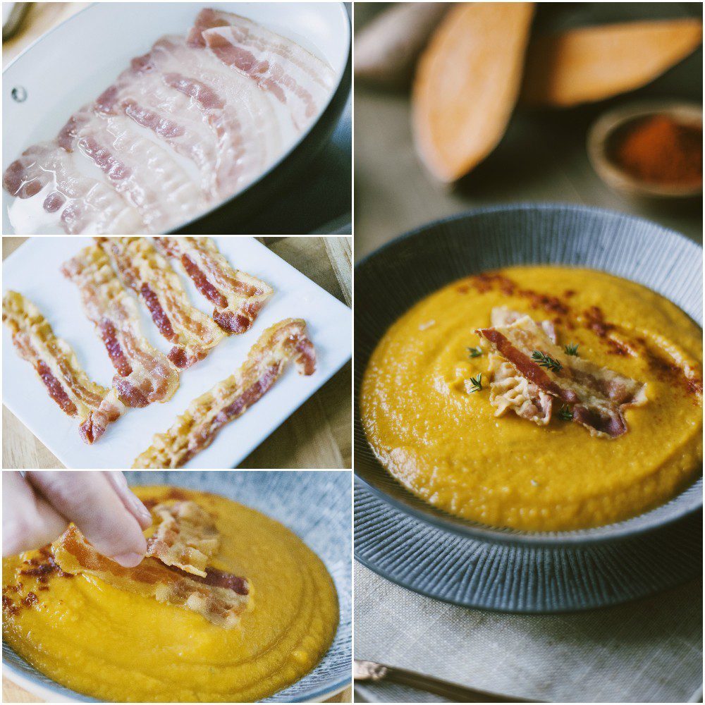 Pancetta cruda in padella, poi croccante su piatto, infine adagiata sulla vellutata di patate dolci