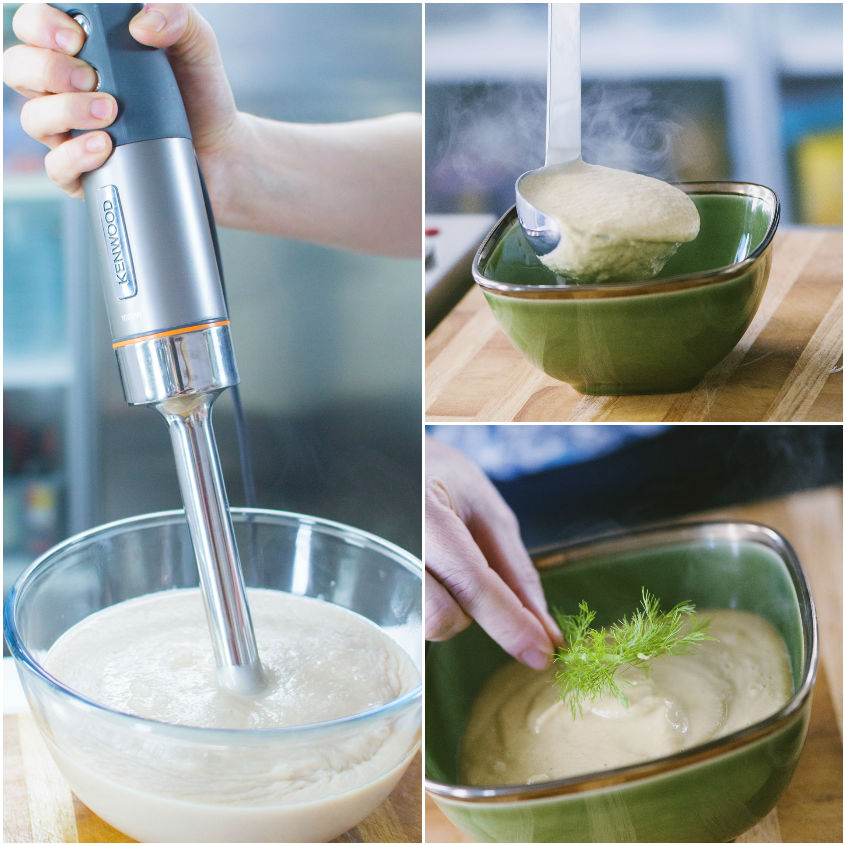 Vellutata frullata con mixer a immersione, poi servita fumante e guarnita con finocchietto fresco
