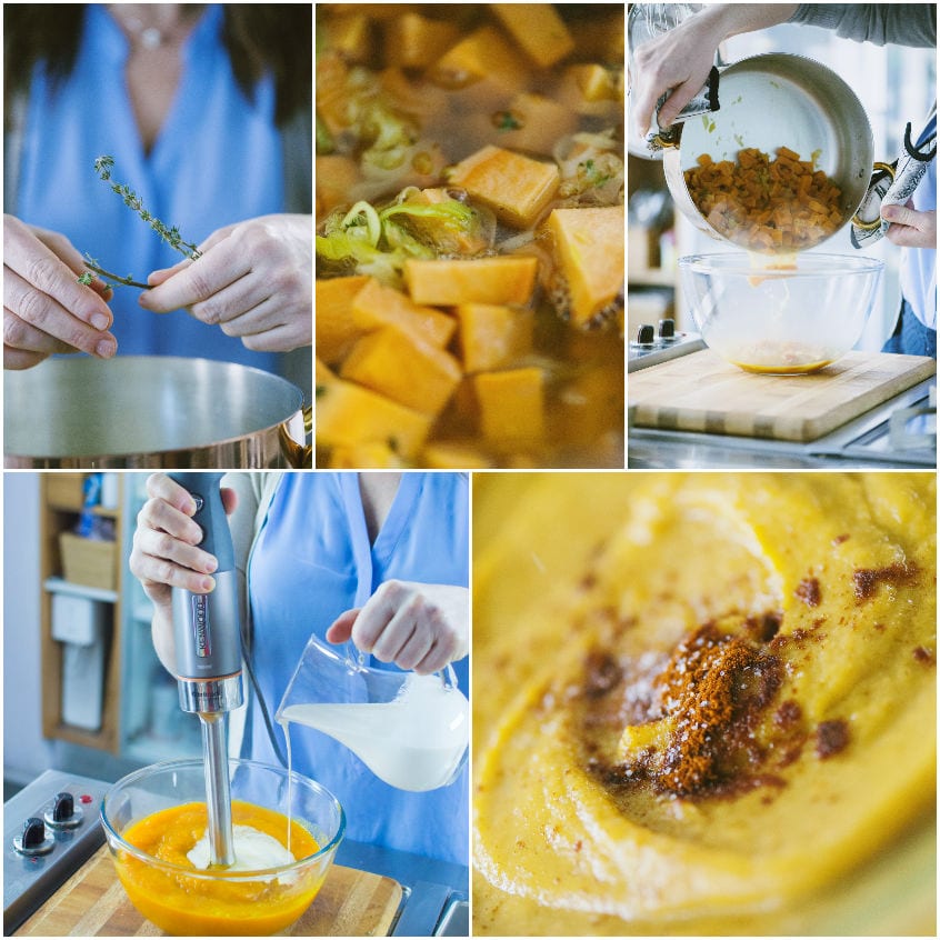 Preparazione della vellutata di patate dolci: frullatura con panna e finitura con paprika affumicata