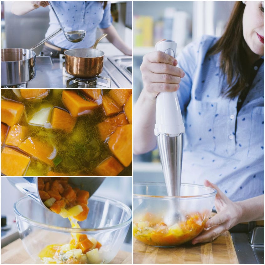 Zucca a pezzi cotta nel brodo, poi trasferita in una ciotola e frullata con il minipimer