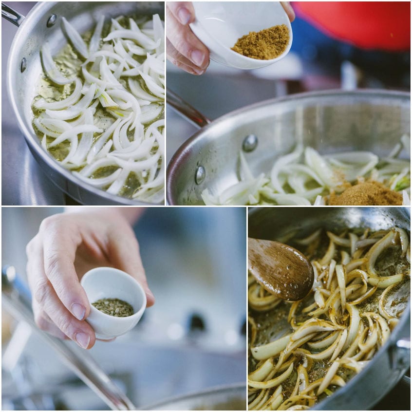 Cipolle a fette in padella con zucchero di canna, mescolate fino a caramellare