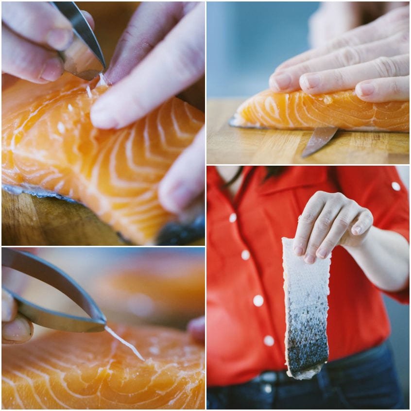 Pulizia del filetto di salmone: rimozione delle lische con pinzetta e separazione della pelle con coltello