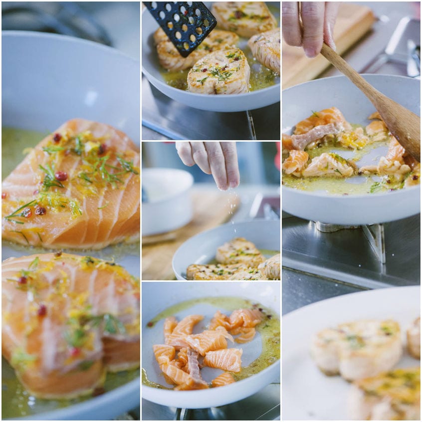 Filetti di salmone marinati con finocchietto e pepe rosa che scottano in padella con la loro marinatura