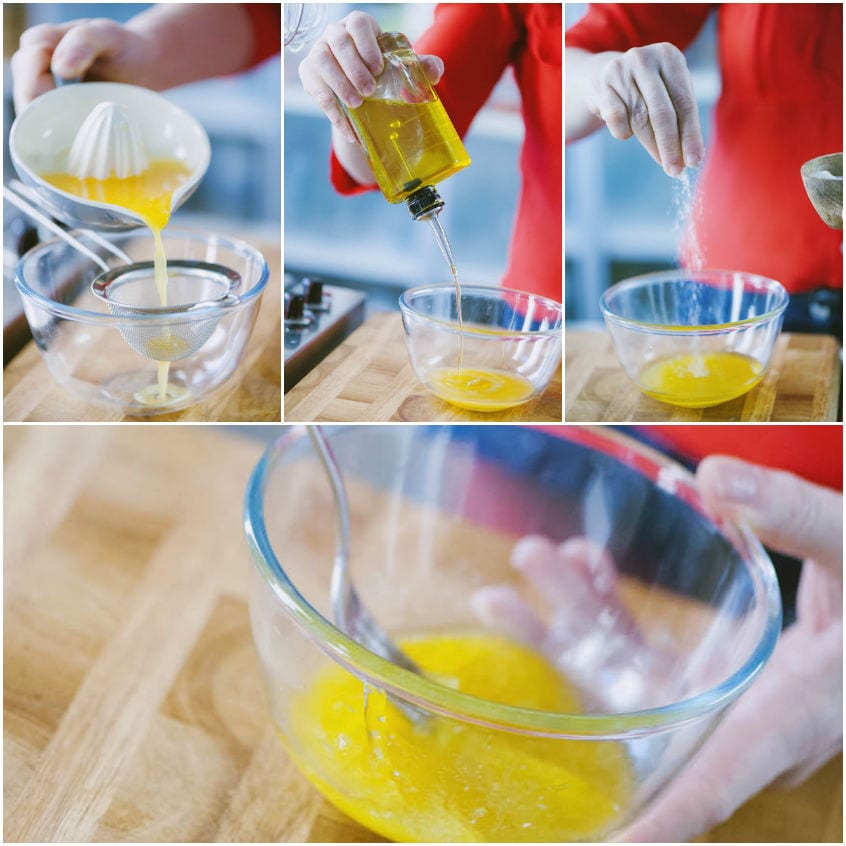 Succo d'arancia filtrato emulsionato con olio extravergine e sale per preparare l'orangette
