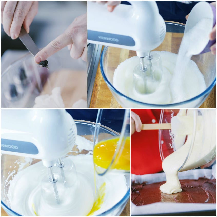 Crema al formaggio montata con le uova e versata sulla base di red velvet brownies
