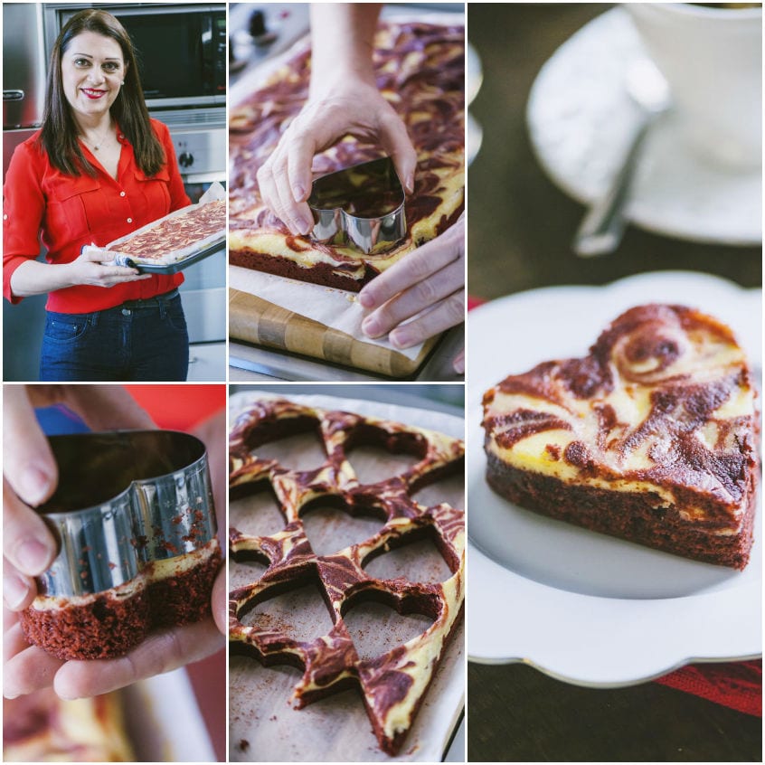 Coppatura a forma di cuore dei red velvet brownies cheesecake su tagliere