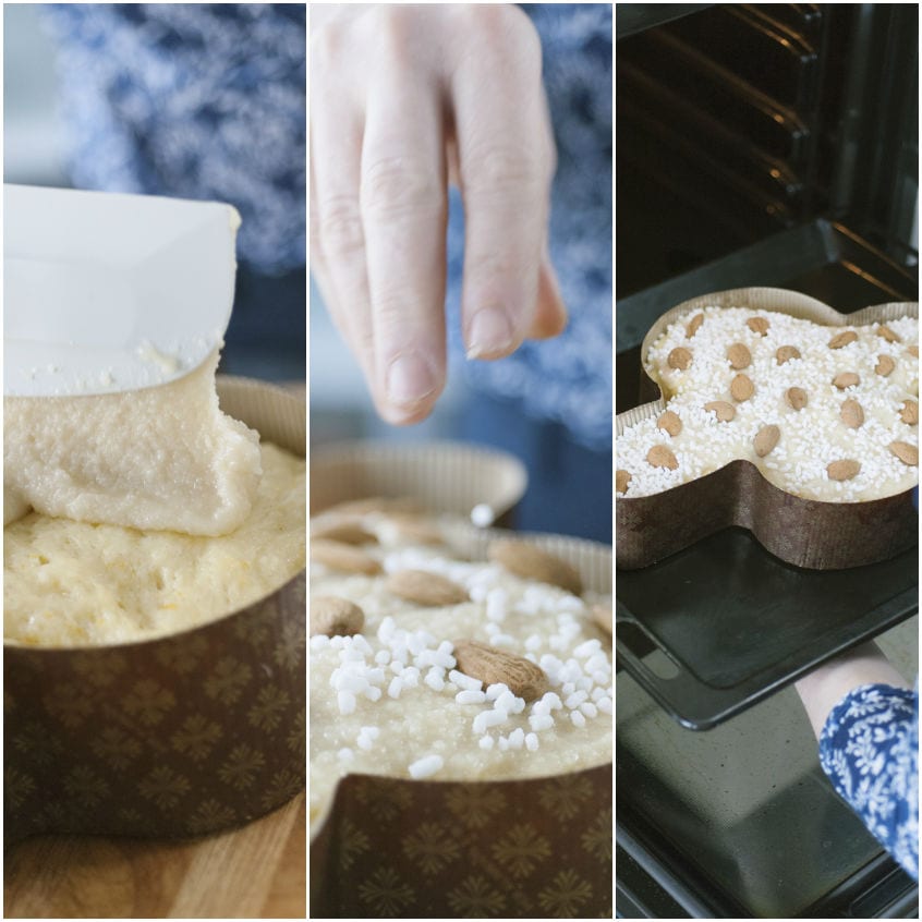 Glassa stesa sulla colomba cruda, decorata con mandorle e granella di zucchero, poi infornata