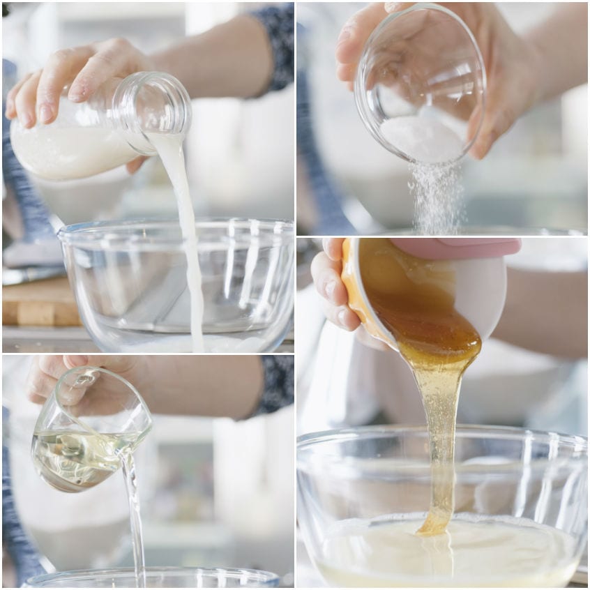 Latte vegetale, zucchero, olio e miele versati in una ciotola per l'impasto della colomba