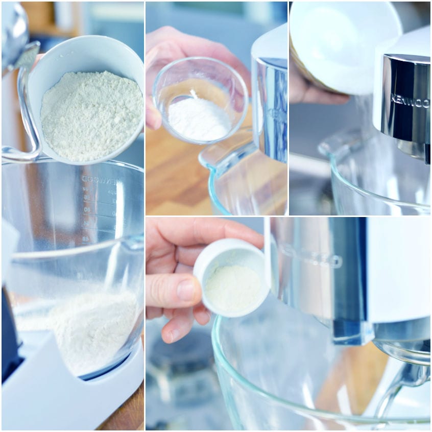Farina e ingredienti secchi versati nella ciotola della planetaria per l'impasto della colomba