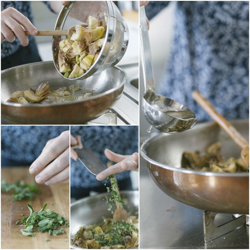 Carciofi scolati versati in padella, erbe tritate aggiunte e mestolo per condire