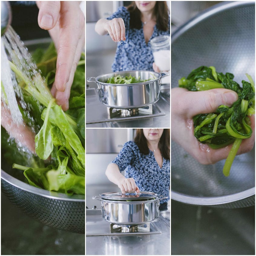 Erbette lavate sotto acqua corrente, saltate in tegame e strizzate a mano dopo la cottura