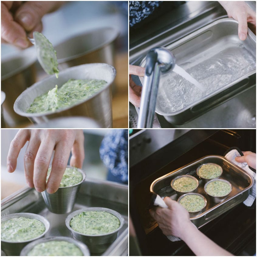 Stampini riempiti con composto verde di ricotta ed erbette, poi infornati a bagnomaria