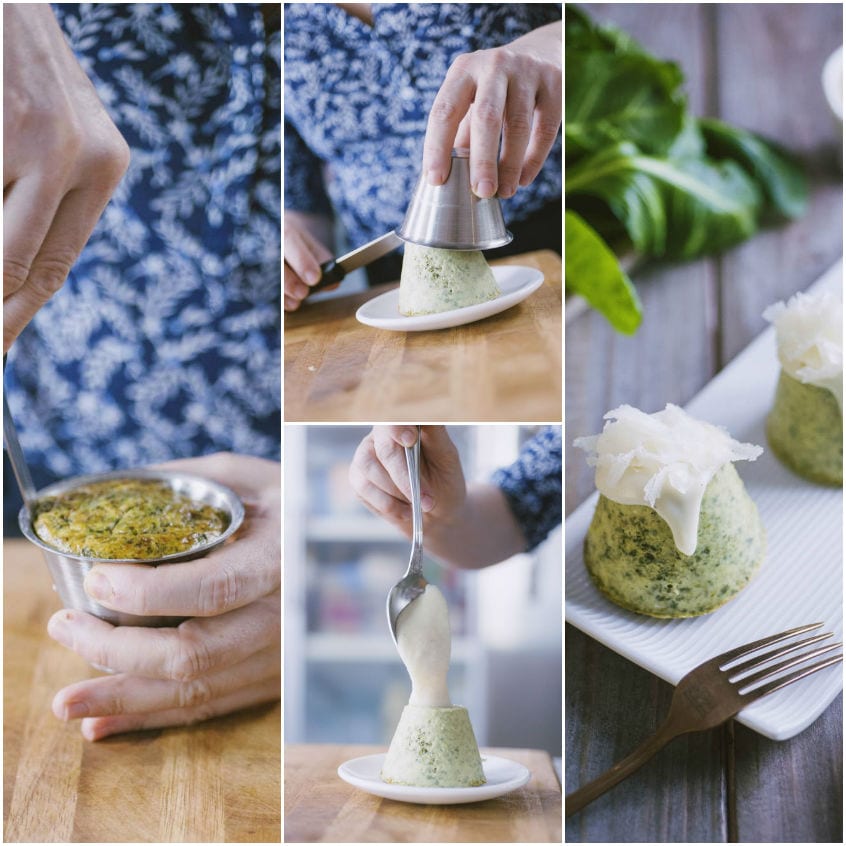 Sformatura e impiattamento dei flan di ricotta ed erbette con salsa e raspadura