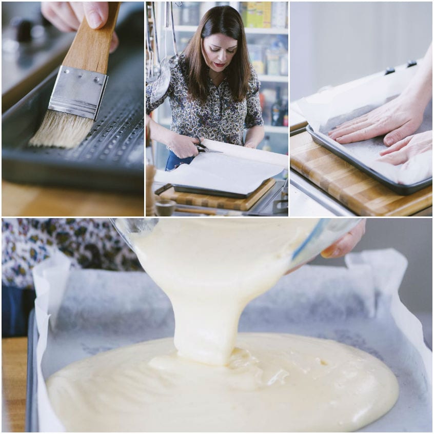 Impasto liquido versato su teglia foderata con carta forno per la pasta biscotto