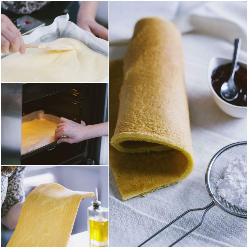 Pasta biscotto all'olio arrotolata su sé stessa, pronta per essere farcita con marmellata