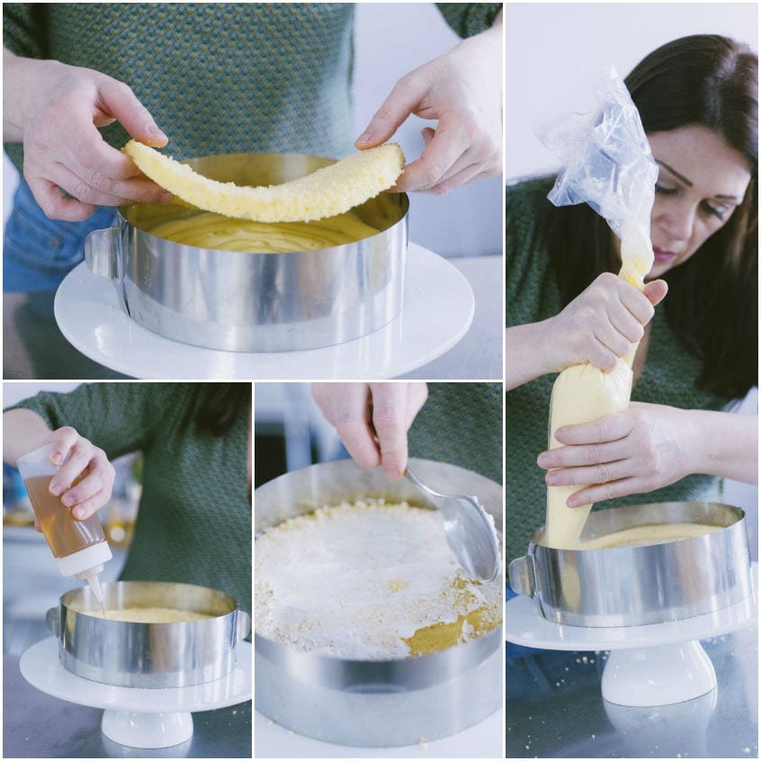 Assemblaggio della torta mimosa: disco di pan di spagna, bagna e crema diplomatica versata dalla sac à poche