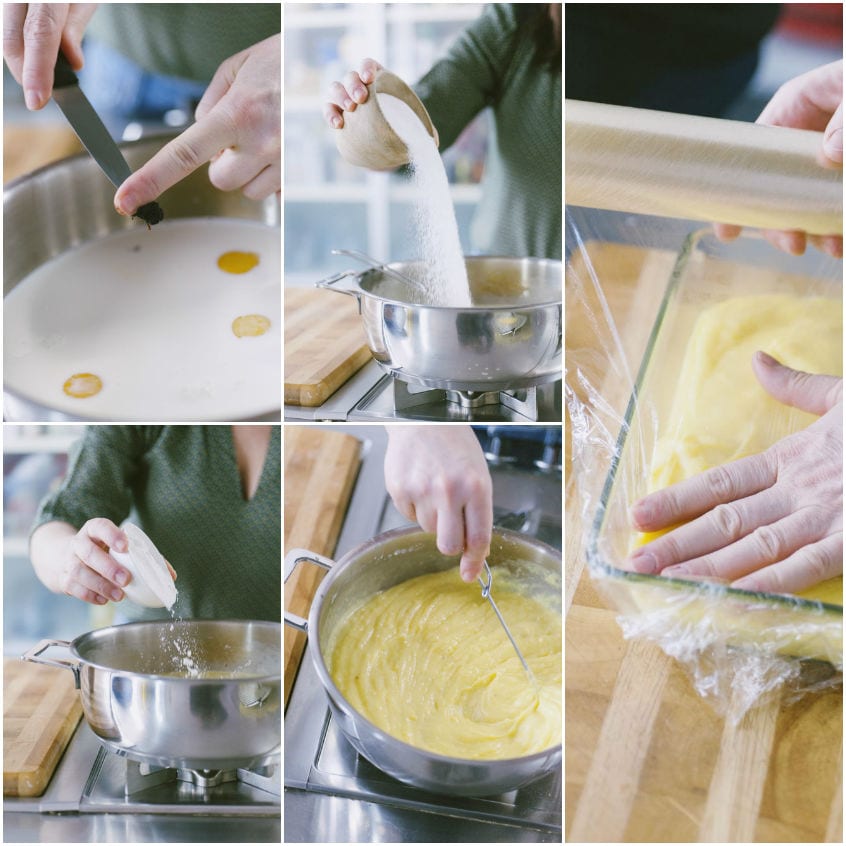 Crema pasticciera densa e gialla coperta a contatto con pellicola trasparente prima di raffreddare