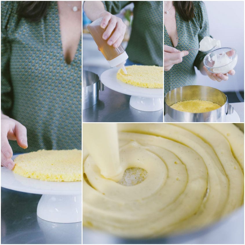 Crema diplomatica versata a spirale sul disco di pan di Spagna della torta mimosa