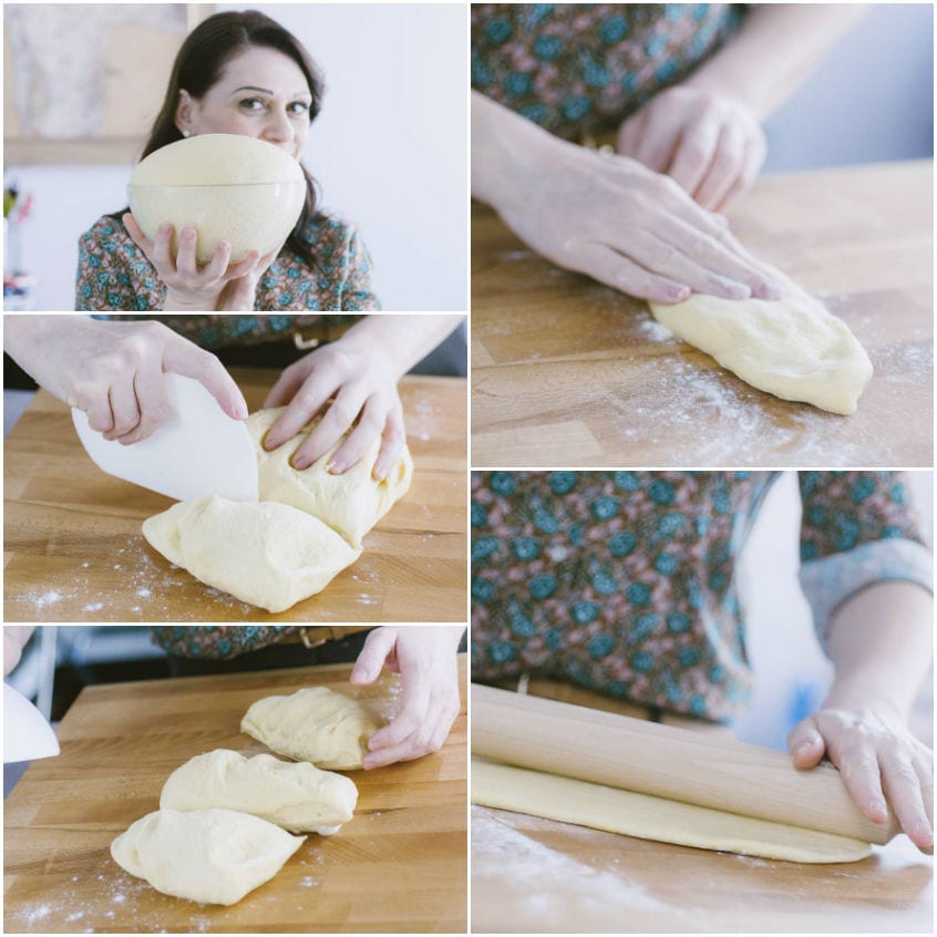 Impasto lievitato diviso in porzioni e steso col matterello su piano infarinato