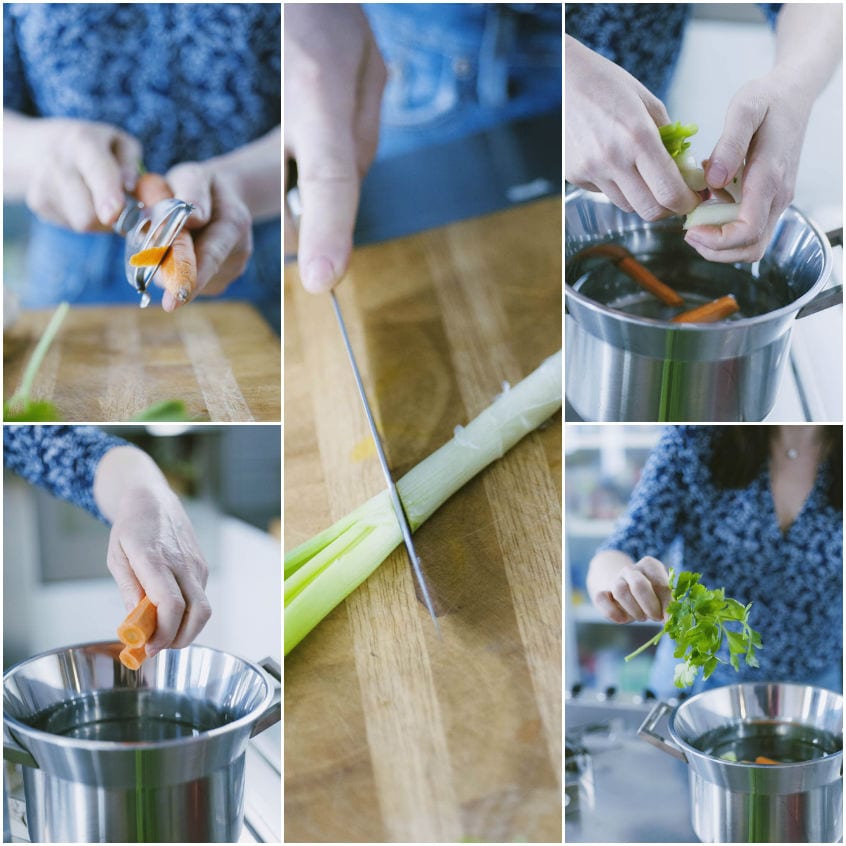 Preparazione del brodo: si pelano e tagliano carota, sedano e cipollotto prima di aggiungerli in pentola con il prezzemolo