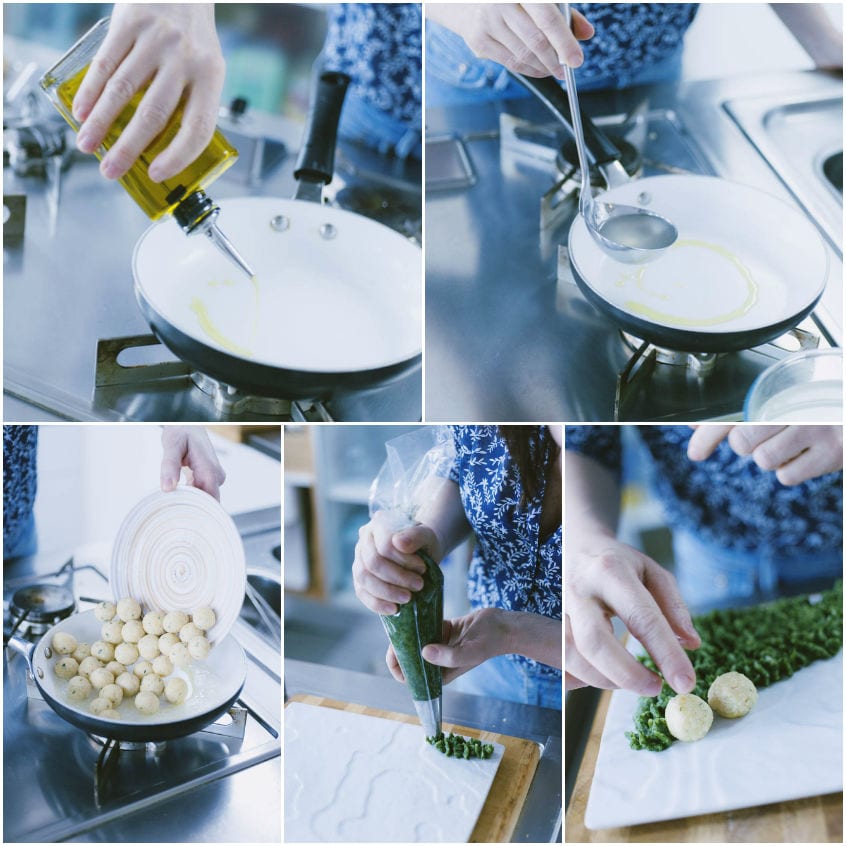 Polpette cotte in padella con olio e brodo, poi disposte sul prato verde creato con la sac à poche