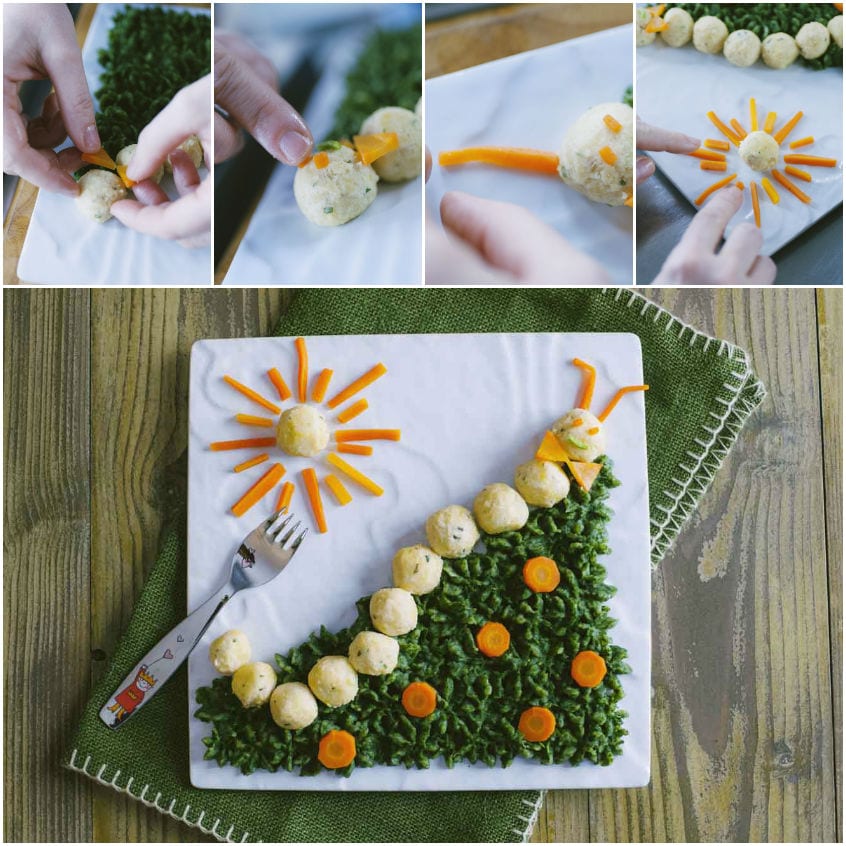 Polpette di patate disposte a formare un bruco su purè di spinaci, con rondelle di carota e un sole decorativo