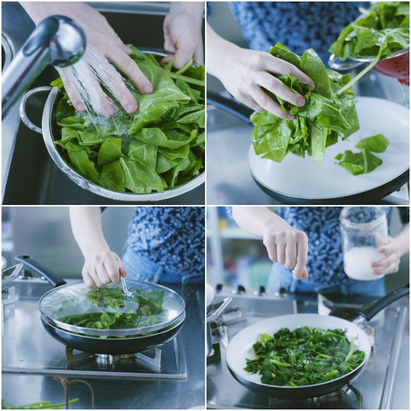 Spinaci lavati, trasferiti in padella con coperchio e salati dopo la cottura