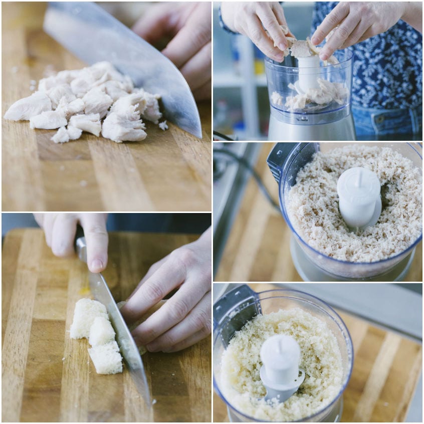 Pollo lesso sminuzzato e mollica di pane frullati nel mixer per preparare le polpette