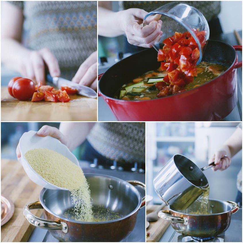 Pomodori a dadini aggiunti alle verdure in cottura, couscous versato in pentola e brodo caldo aggiunto