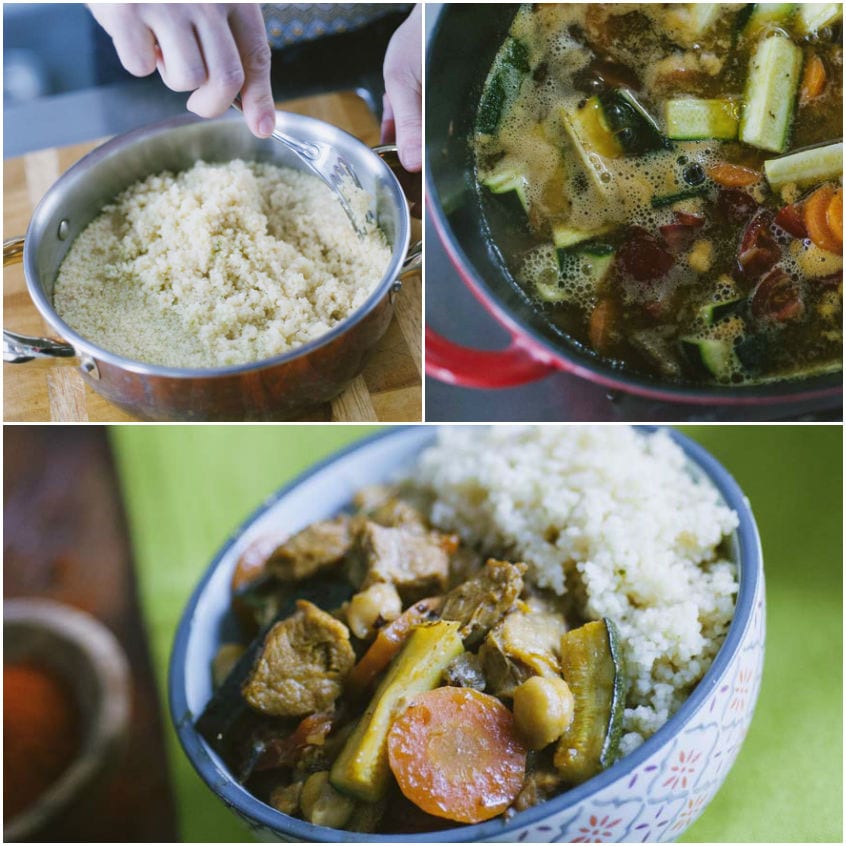Couscous sgranato con forchetta, stufato di verdure e ceci in cottura, e il piatto finito servito insieme