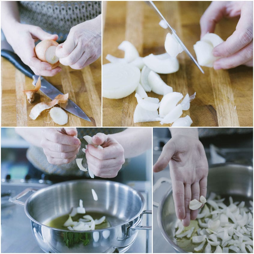Cipolla sbucciata, tagliata a pezzi e aggiunta in padella con olio e aglio