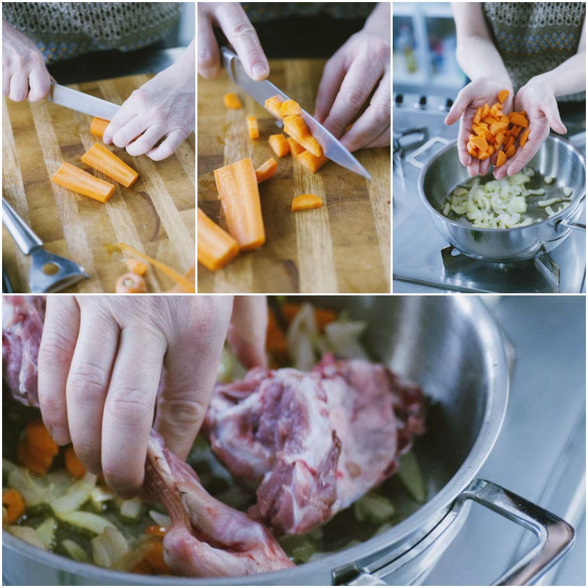 Carote tagliate a cubetti aggiunte alla cipolla, poi ossa d'agnello unite al soffritto in pentola