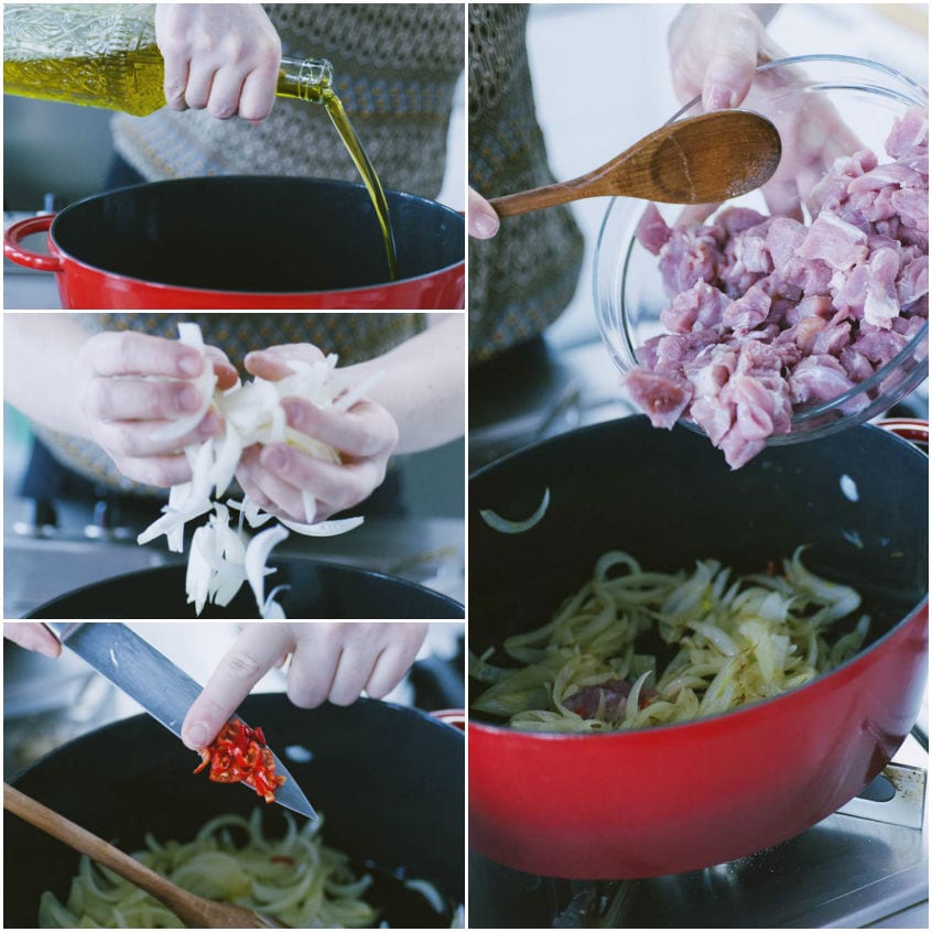 Olio versato in tegame, cipolla affettata e peperoncino tritato appassiti, poi carne a cubetti aggiunta