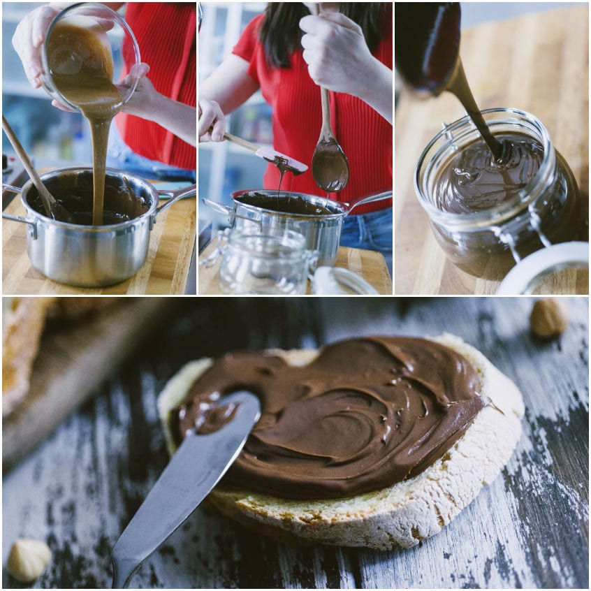 Preparazione della crema alle nocciole travasata nel barattolo e poi spalmata su una fetta di pane