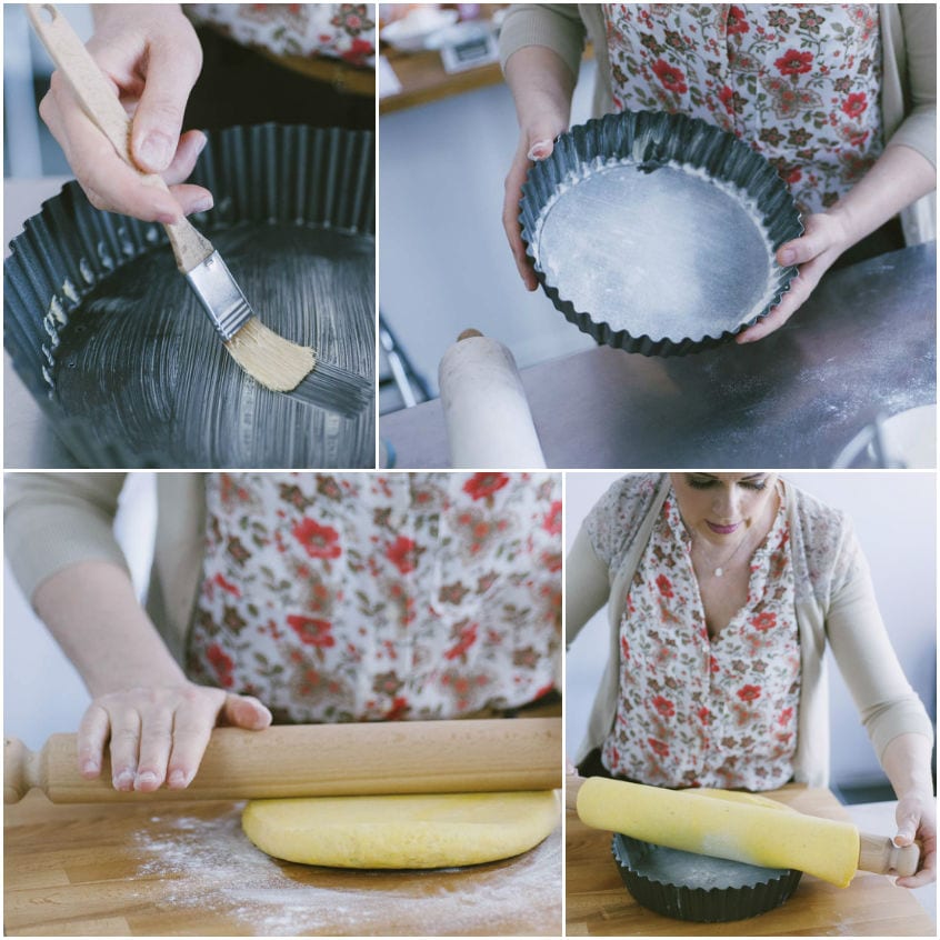 Stampo imburrato con pennello e pasta frolla stesa col mattarello per la crostata