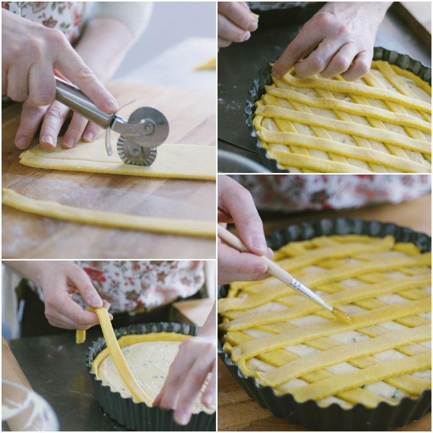 Striscioline di pasta frolla intrecciate a losanghe sulla crostata, poi spennellate con uovo sbattuto