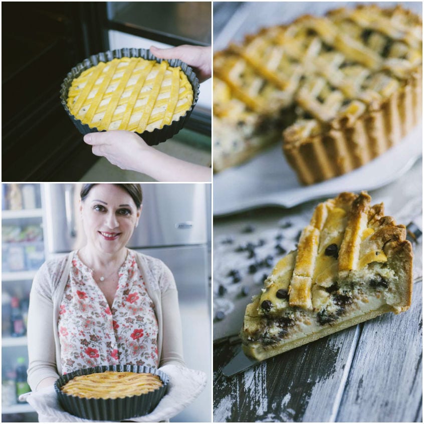 Crostata al mascarpone e gocce di cioccolato appena sfornata, con reticolo di pasta frolla dorato