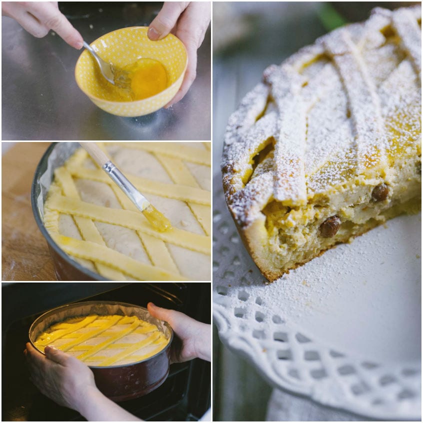 Pennello che spennella con uovo sbattuto le losanghe di pasta della crostata di ricotta