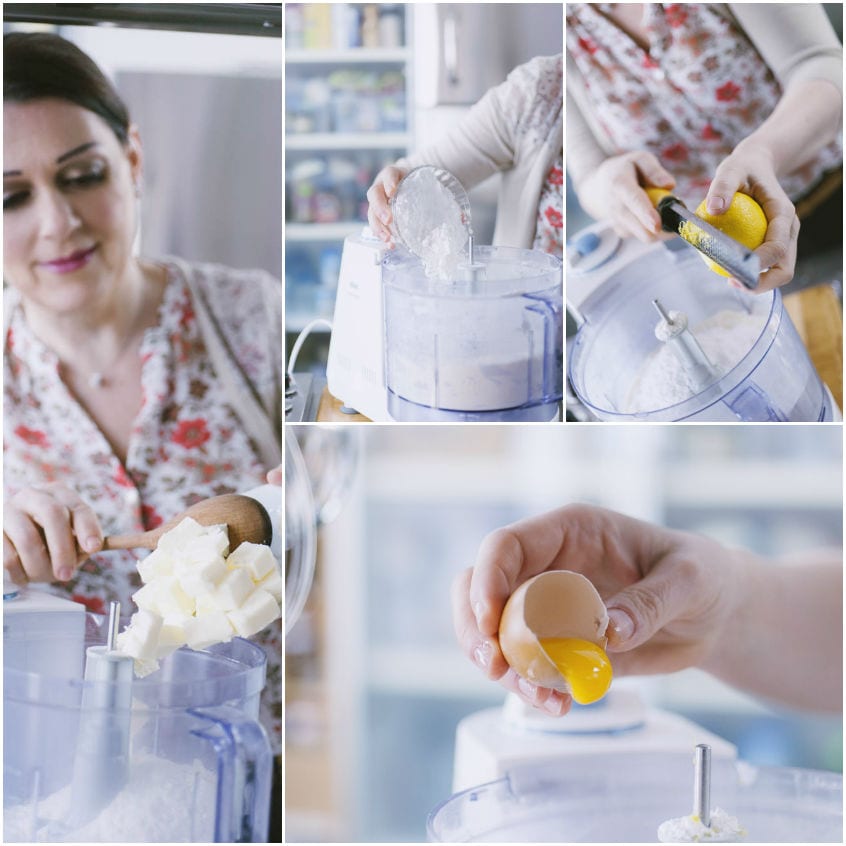 Preparazione della pasta frolla: burro a tocchetti, zucchero a velo, scorza di limone e tuorlo nel food processor