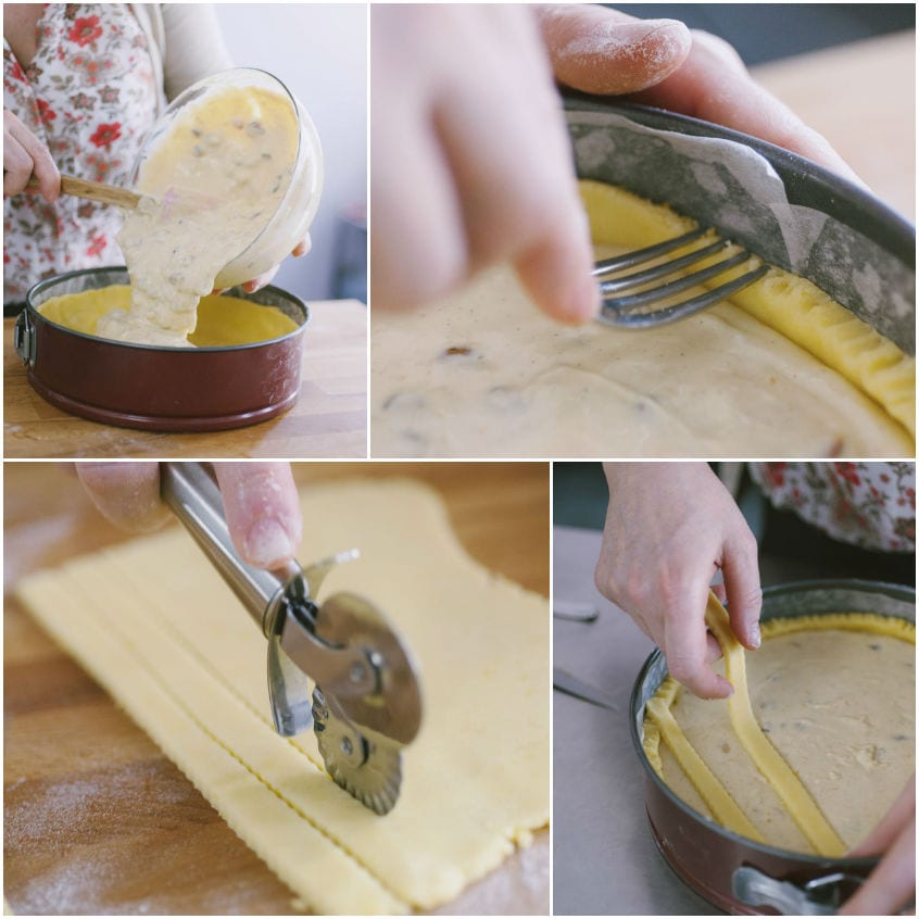 Farcitura versata nella frolla, bordi pressati con la forchetta e strisce tagliate con la rotella per decorare la crostata