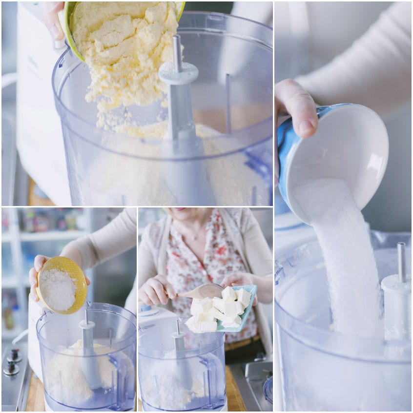 Ingredienti per la frolla senza glutine versati nel food processor: farine, margarina a tocchetti e zucchero
