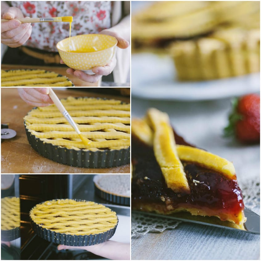 Pennello che spennella d'uovo la griglia di pasta frolla della crostata prima di infornarla