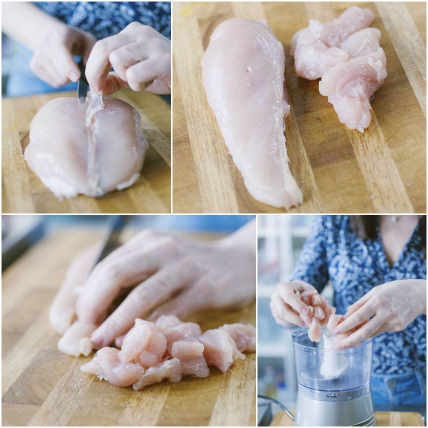 Petto di pollo disossato, tagliato a tocchetti e trasferito nel frullatore