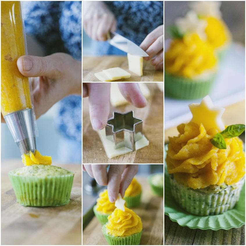 Crema di zucca spremuta con sac à poche sui cupcake, stelline di Emmental ricavate con il coppapasta e posizionate sulla crema