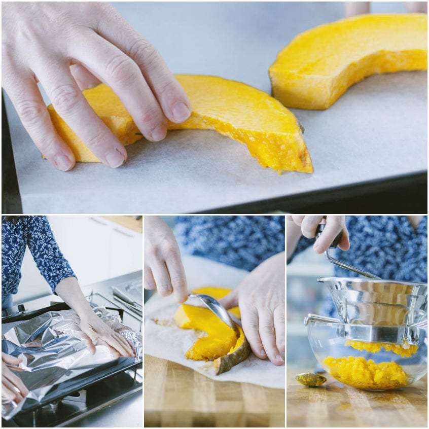 Fette di zucca cruda disposte su carta forno, poi avvolte in alluminio e infine passate allo schiacciapatate