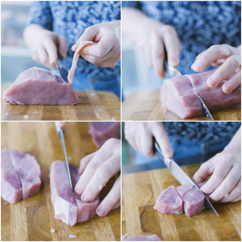 Lonza di maiale pulita dal grasso e tagliata a cubotti sul tagliere